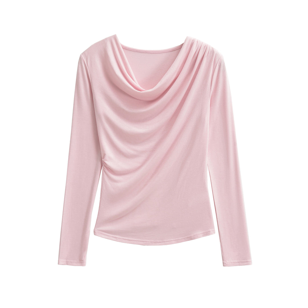 Damen Wasserfallkragen Langarmshirt mit Drapierung und taillierter Wickeloptik Nord Taschen