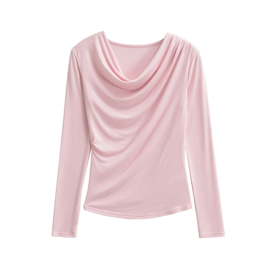 Damen Wasserfallkragen Langarmshirt mit Drapierung und taillierter Wickeloptik Nord Taschen