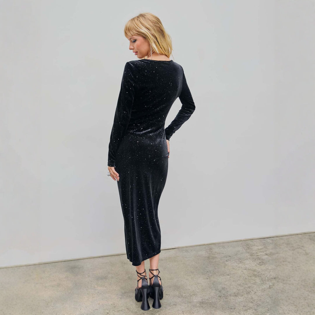 Damen glamouröses Samt-Wickelkleid mit Glitzereffekt, Raffung und hohem Beinschlitz Nord Taschen