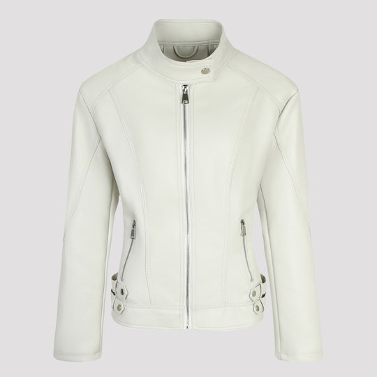 Damen Kurze taillierte Motorjacke aus Kunstleder mit Stehkragen und Schnallgurten Nord Taschen