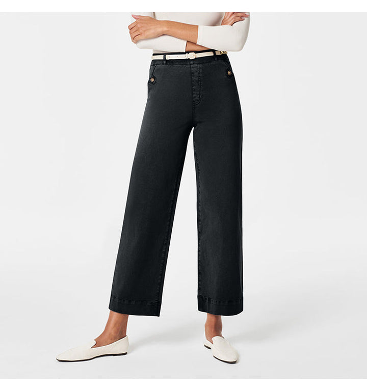 Damen Weite High-Waist Hose mit modischen Knopfdetails