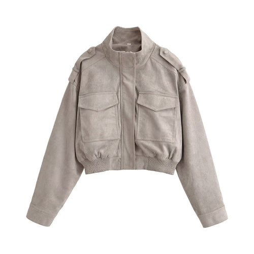 Damen Kurzblouson im Fieldstil aus Veloursleder-Optik mit Stehkragen, Schulterriegeln und breitem Rippbund Nord Taschen