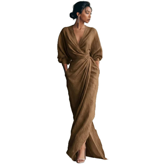 Damen Wickel-Maxikleid aus Leinenmix mit tiefem V-Ausschnitt und Ballonärmeln Nord Taschen