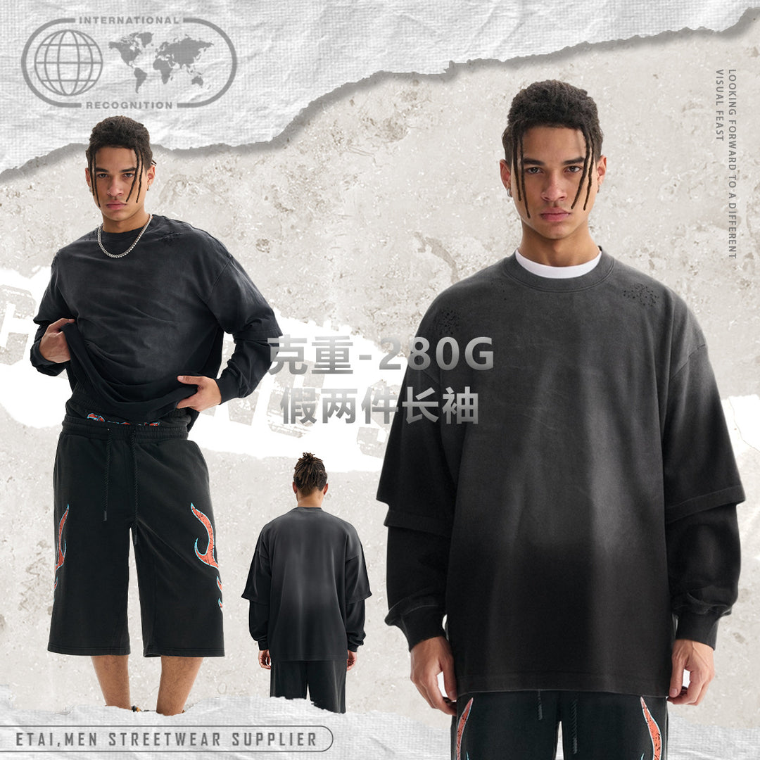 Herren Layered-Langarmshirt mit doppellagigen Ärmeln, verwaschener Vintage-Waschung und dezenten Ausfransungen Nord Taschen