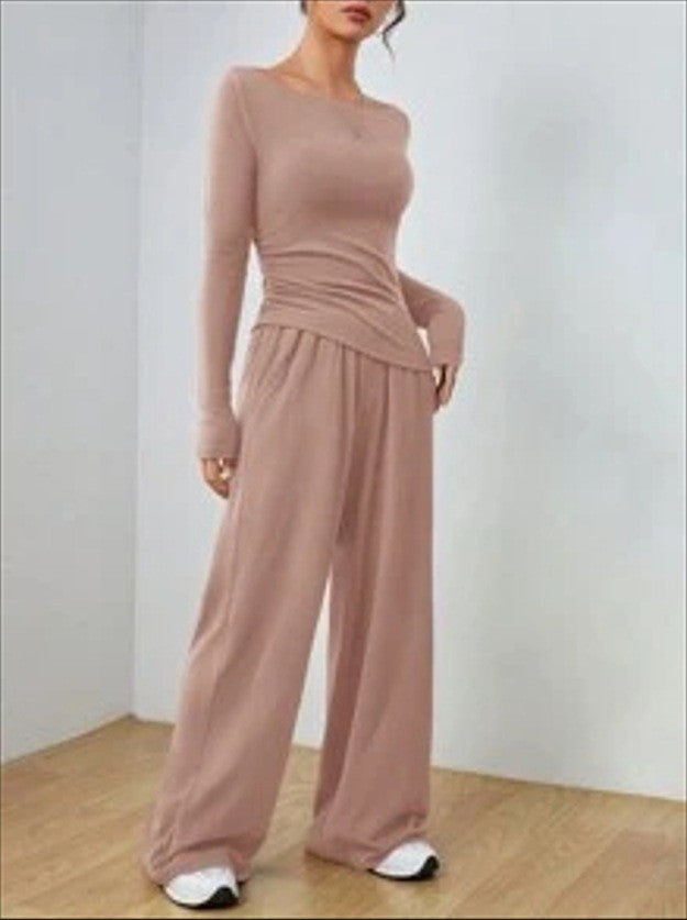 Damen Loungewear-Set aus weichfallendem Jersey mit U-Boot-Ausschnitt, tailliertem Longsleeve und weiter Palazzo-Hose Nord Taschen