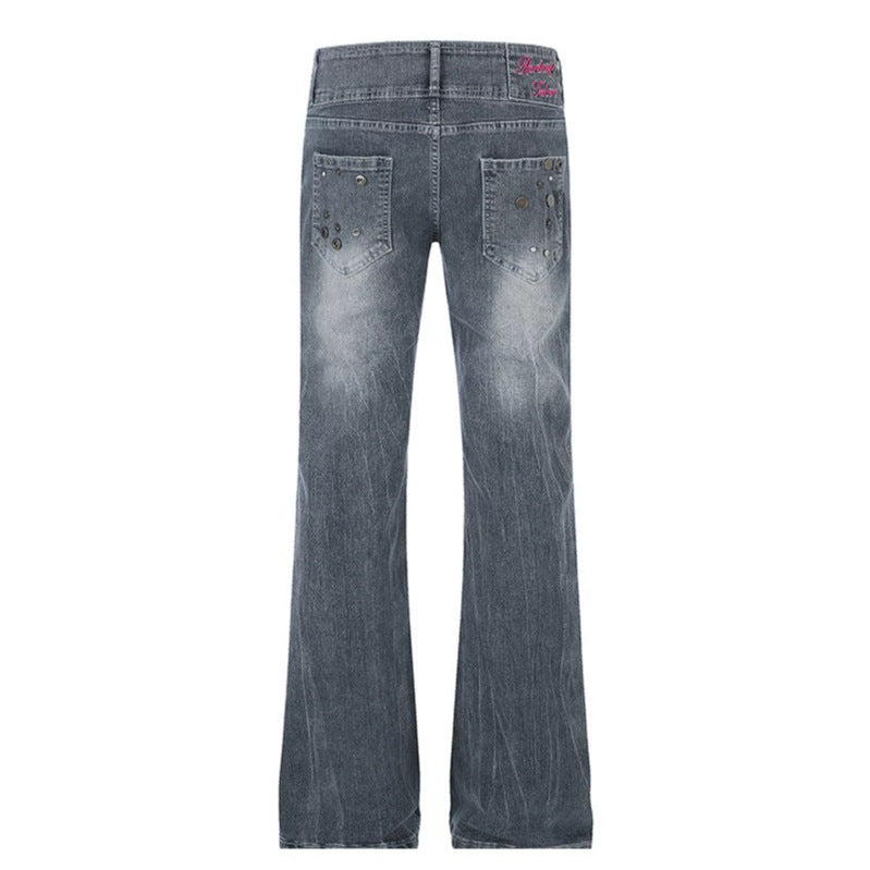 Damen High‑Waist Flared-Jeans mit weitem Bein, Doppelknopf und Nieten-Detail Nord Taschen