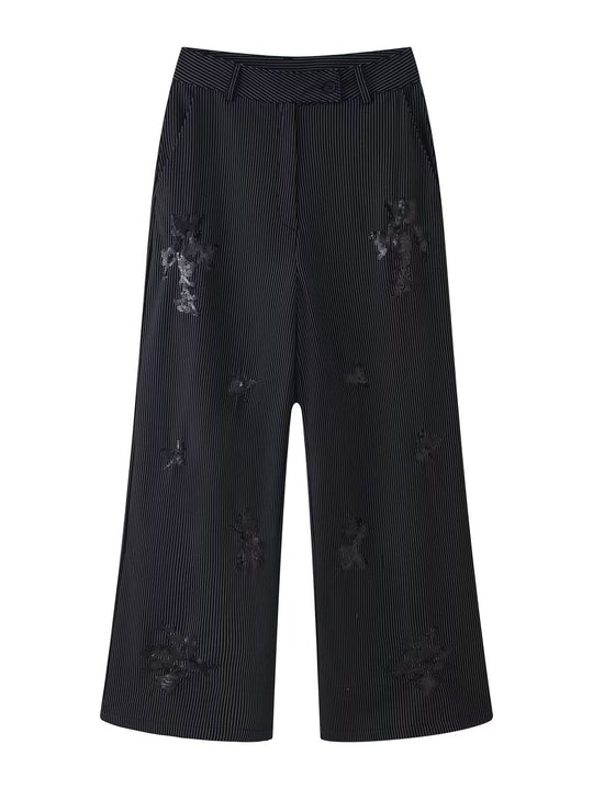 Damen Hochtaillierte Culotte-Hose mit Nadelstreifen und Pailletten-Applikation Nord Taschen