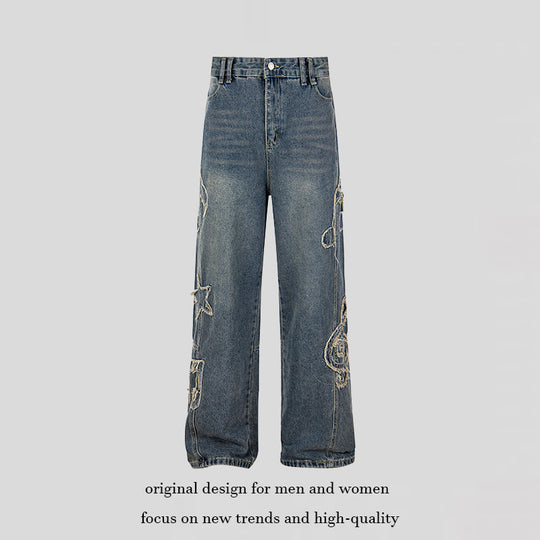 Damen Jeans mit hohem Bund, weitem Beinverlauf, Stick- und Destroy-Details Nord Taschen