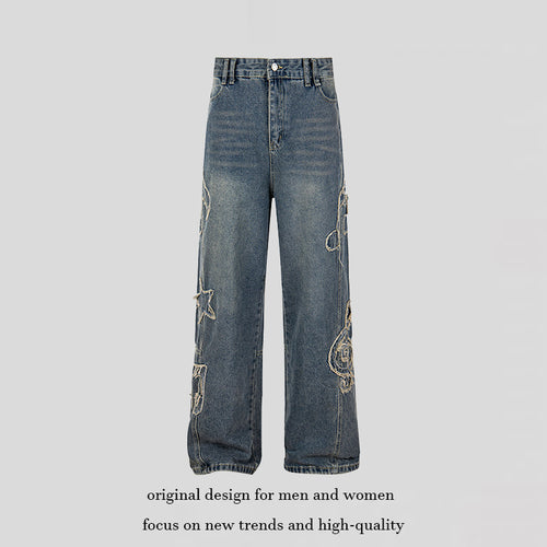 Damen Jeans mit hohem Bund, weitem Beinverlauf, Stick- und Destroy-Details Nord Taschen