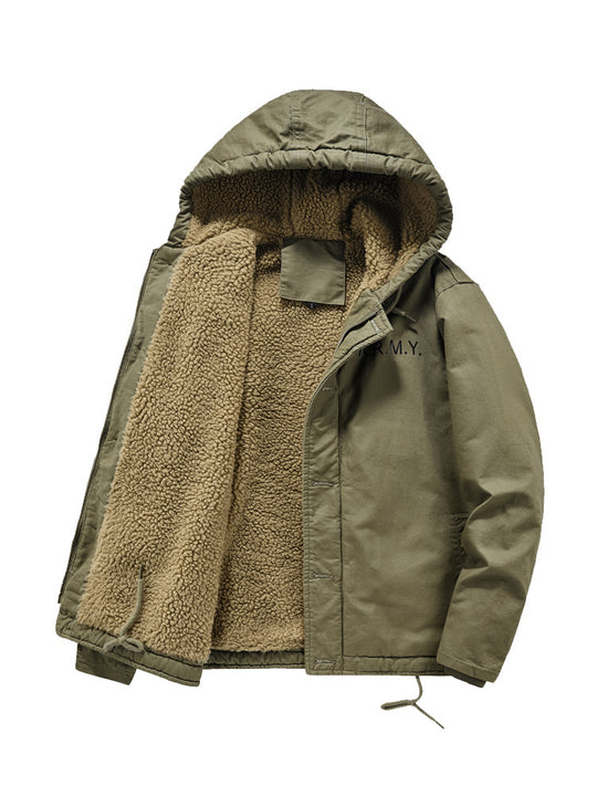 Herren Military-inspirierte Thermo-Kapuzenjacke mit Teddy‑Sherpa‑Futter und Kordelzug Nord Taschen