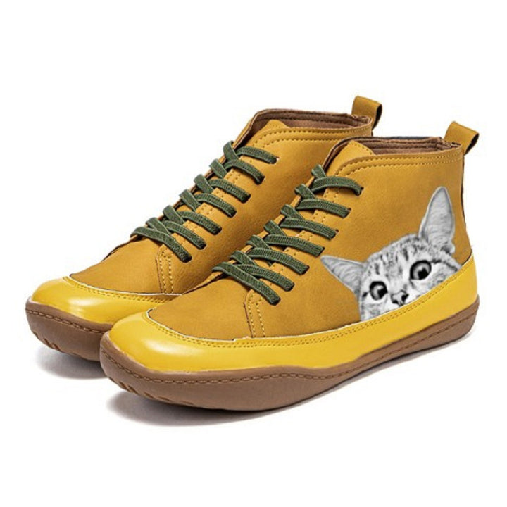 Damen nan High-Top Sneaker mit geprägtem Katzenmotiv weiches Kunstleder und gepolstertes Komfortfußbett Nord Taschen