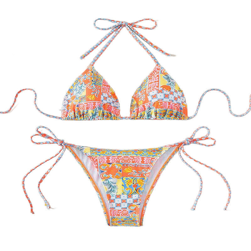 Damen Triangel-Bikini-Set mit verspielt floralem Muster und verstellbaren BindNord Taschenändern