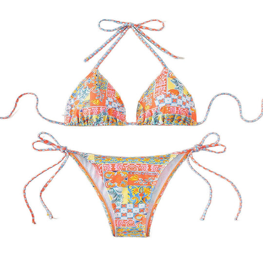 Damen Triangel-Bikini-Set mit verspielt floralem Muster und verstellbaren BindNord Taschenändern