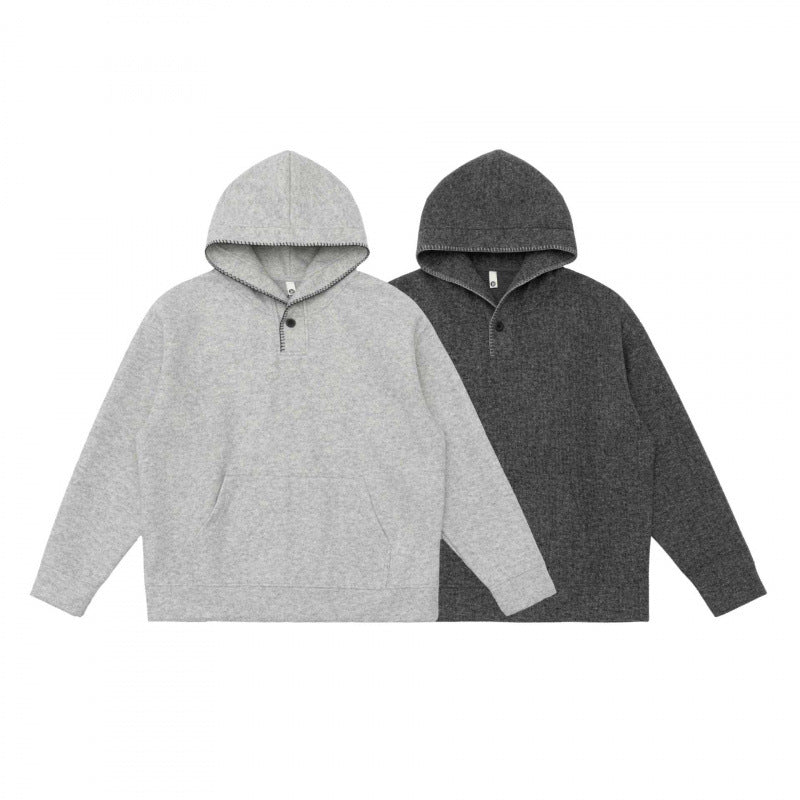 Unisex Oversize Kapuzenpullover aus melierter Fleece‑Mischung mit Henley‑Knopfblende und Kängurutasche Nord Taschen