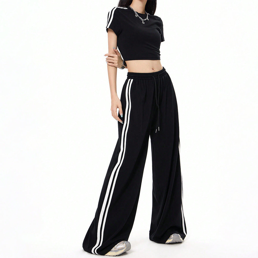 Damen lässige Highwaist weite Sweathose mit elastischem Bund, Tunnelzug und seitlichen Kontraststreifen Nord Taschen