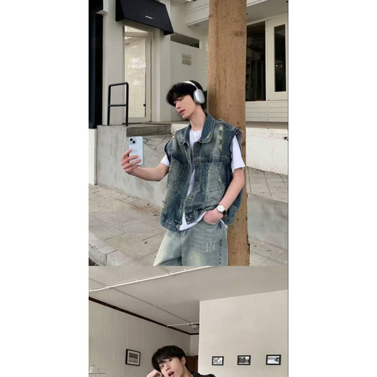 Herren Denim-Weste im Vintage-Used-Look mit Destroyed-Taschen und kastiger Passform Nord Taschen