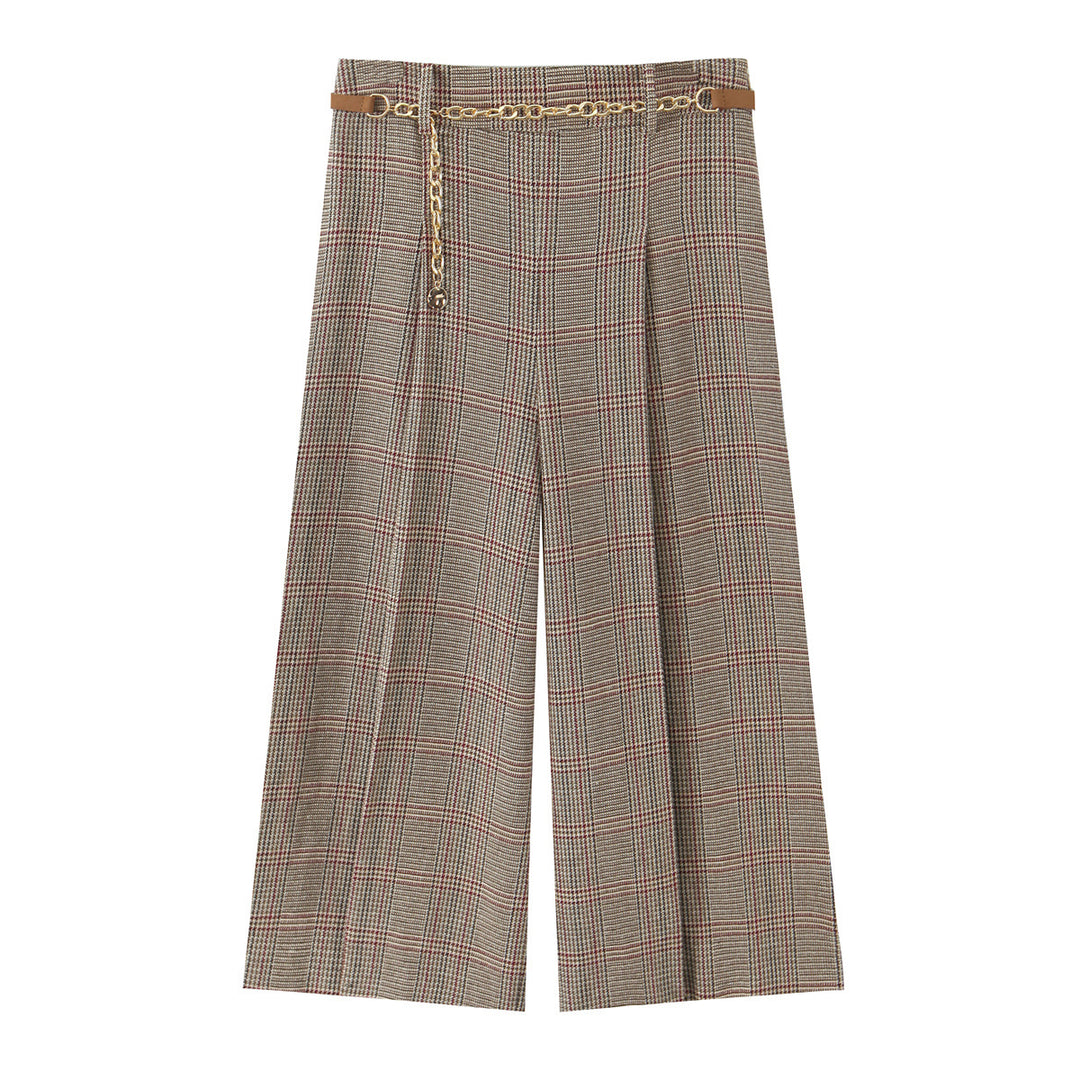 Damen 200+ hochtaillierte weite Glencheck-Palazzohose mit Zierkettengürtel Nord Taschen
