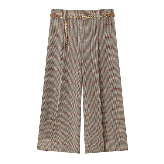 Damen 200+ hochtaillierte weite Glencheck-Palazzohose mit Zierkettengürtel Nord Taschen