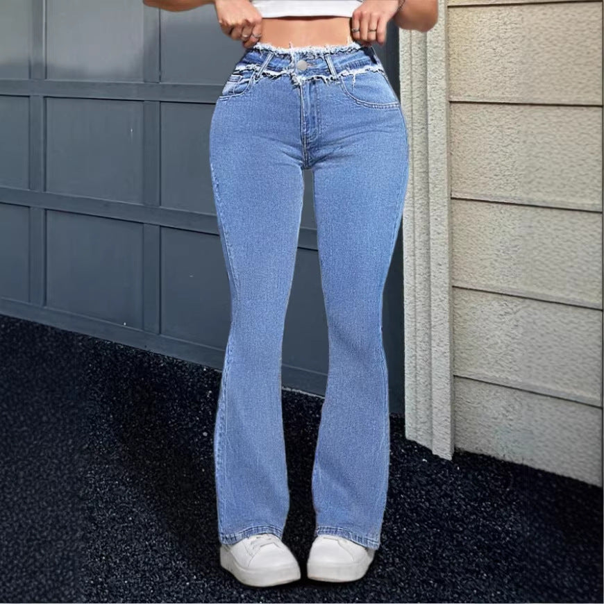 Damen Hochgeschnittene Flared-Jeans mit ausgefranstem Bund und mittiger Absteppnaht Nord Taschen