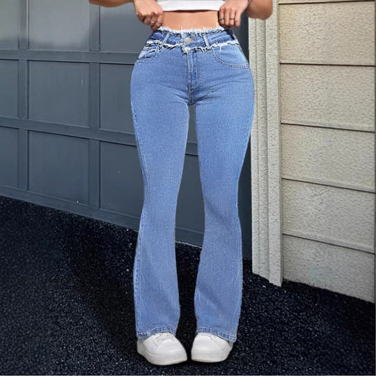 Damen Hochgeschnittene Flared-Jeans mit ausgefranstem Bund und mittiger Absteppnaht Nord Taschen