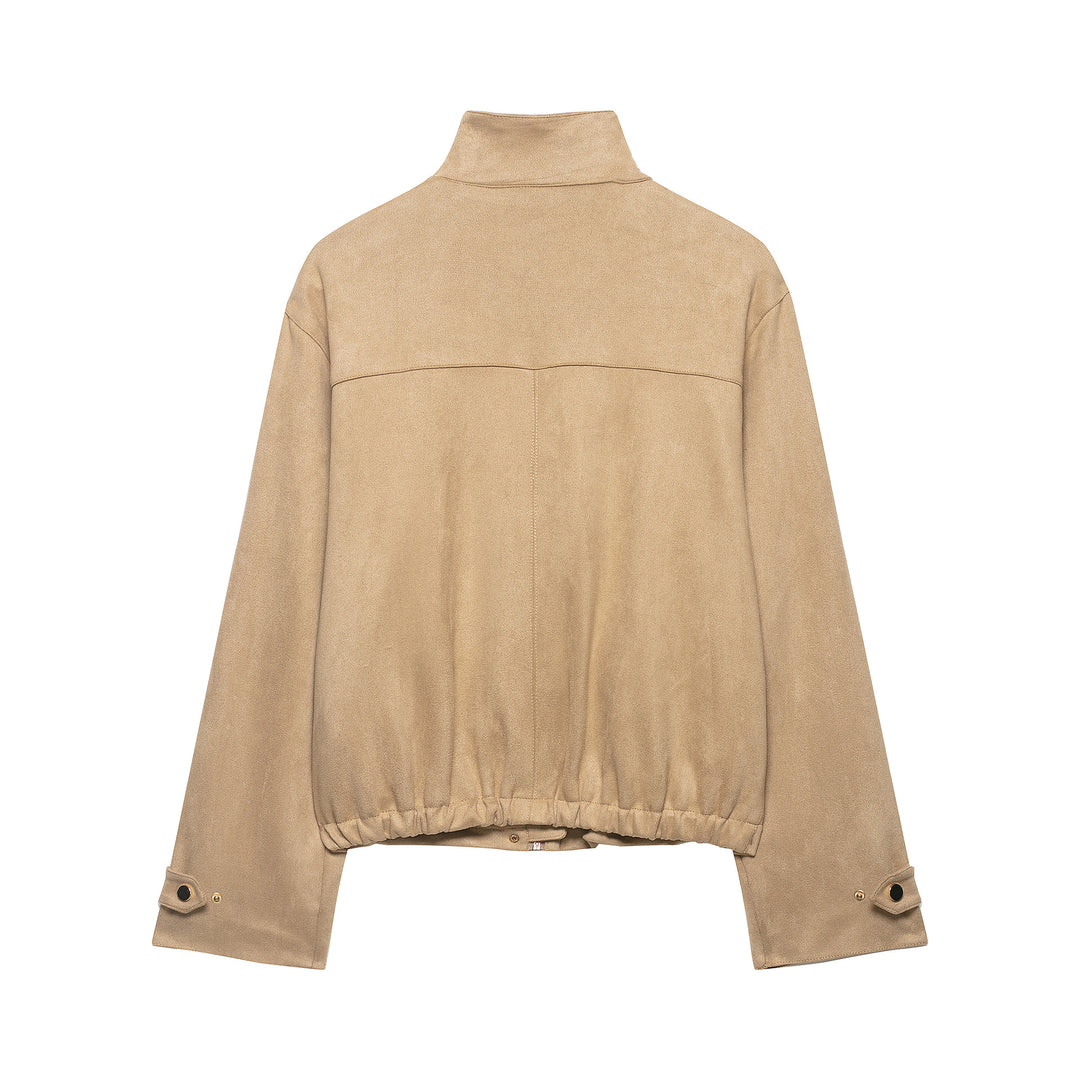 Damen Kurze Boxy-Jacke in Veloursoptik mit Stehkragen und Druckknopfleiste Nord Taschen