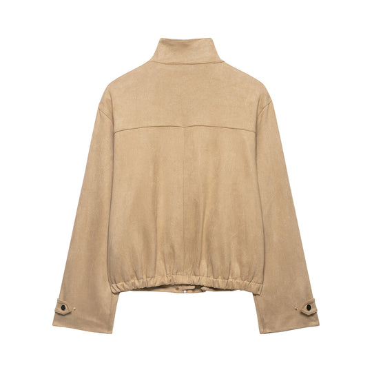 Damen Kurze Boxy-Jacke in Veloursoptik mit Stehkragen und Druckknopfleiste Nord Taschen