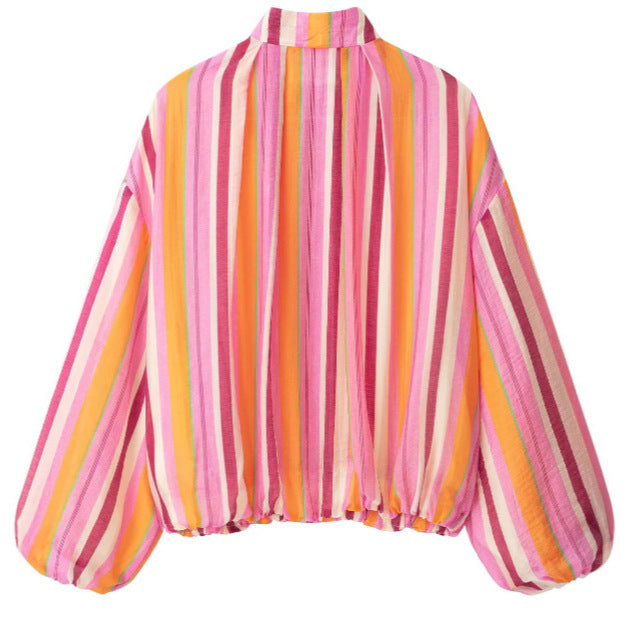 Damen Leichte gestreifte Cropped Blousonjacke im Bomberstil mit Stehkragen, Reißverschluss und Ballonärmeln Nord Taschen
