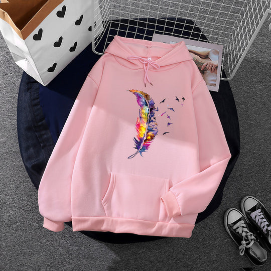 Damen nan Kapuzenpullover mit künstlerischem Aquarell‑Federmotiv, Oversize‑Schnitt und Kängurutasche Nord Taschen