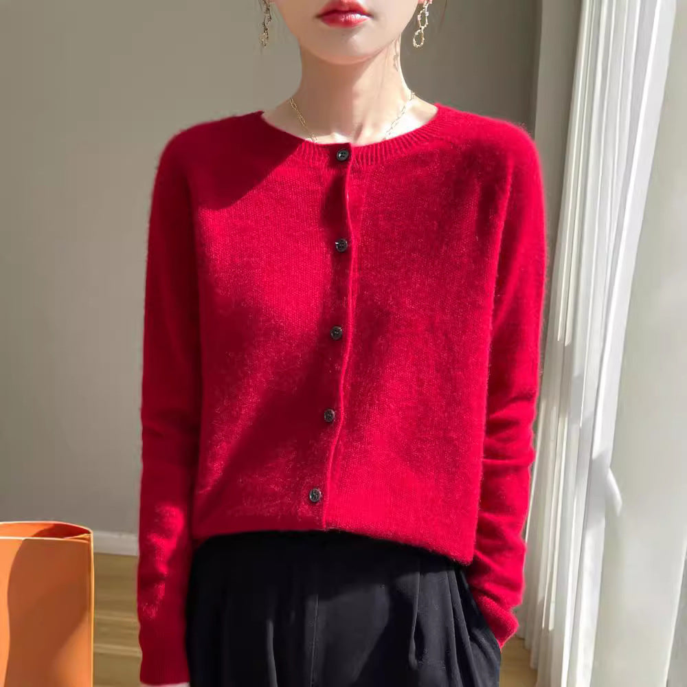 Damen Kurzgeschnittener Feinstrick-Cardigan mit Rundhalsausschnitt und schimmernder Knopfleiste Nord Taschen