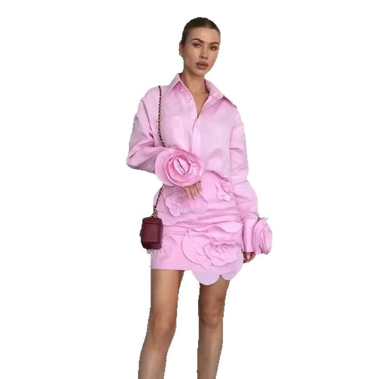 Damen Hemdblusen-Minirock-Set mit voluminösen 3D-Rosenapplikationen und Perlendetails Nord Taschen