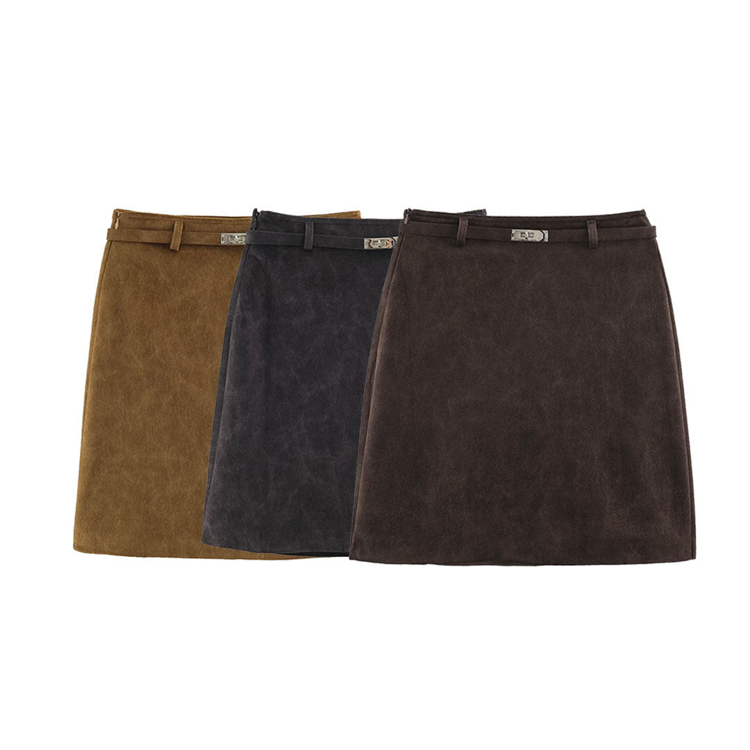 Damen A-Linien Minirock aus Velourslederoptik mit schmalem Ziergürtel Nord Taschen