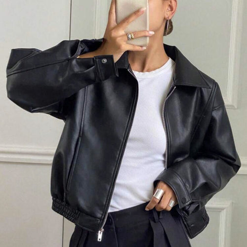 Damen Oversized Lederjacke im Bomberstil mit elastischem Saum Nord Taschen