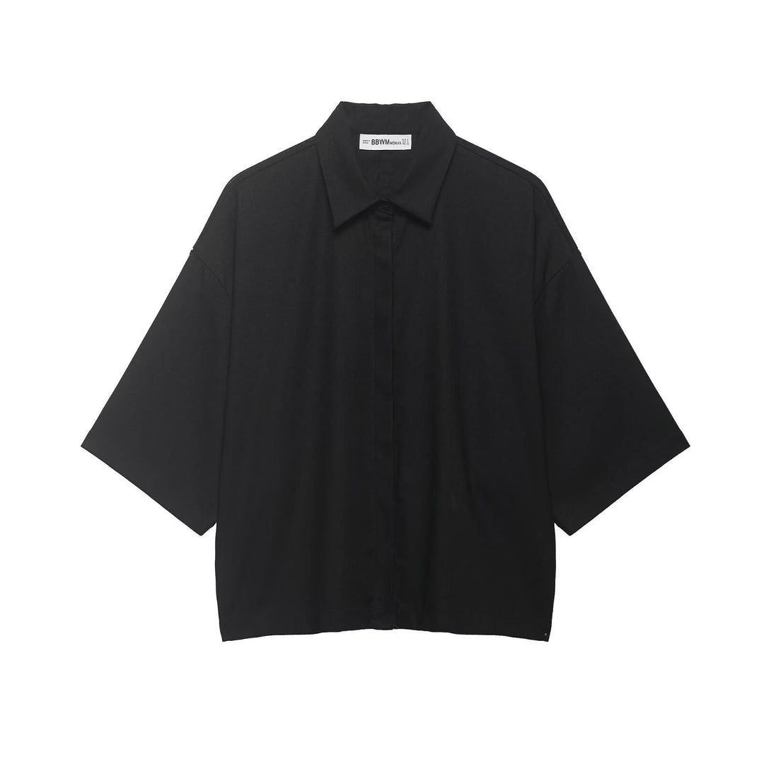 Damen Oversized Kurzarm‑Hemdbluse mit Kimonoärmeln und verdeckter Knopfleiste Nord Taschen