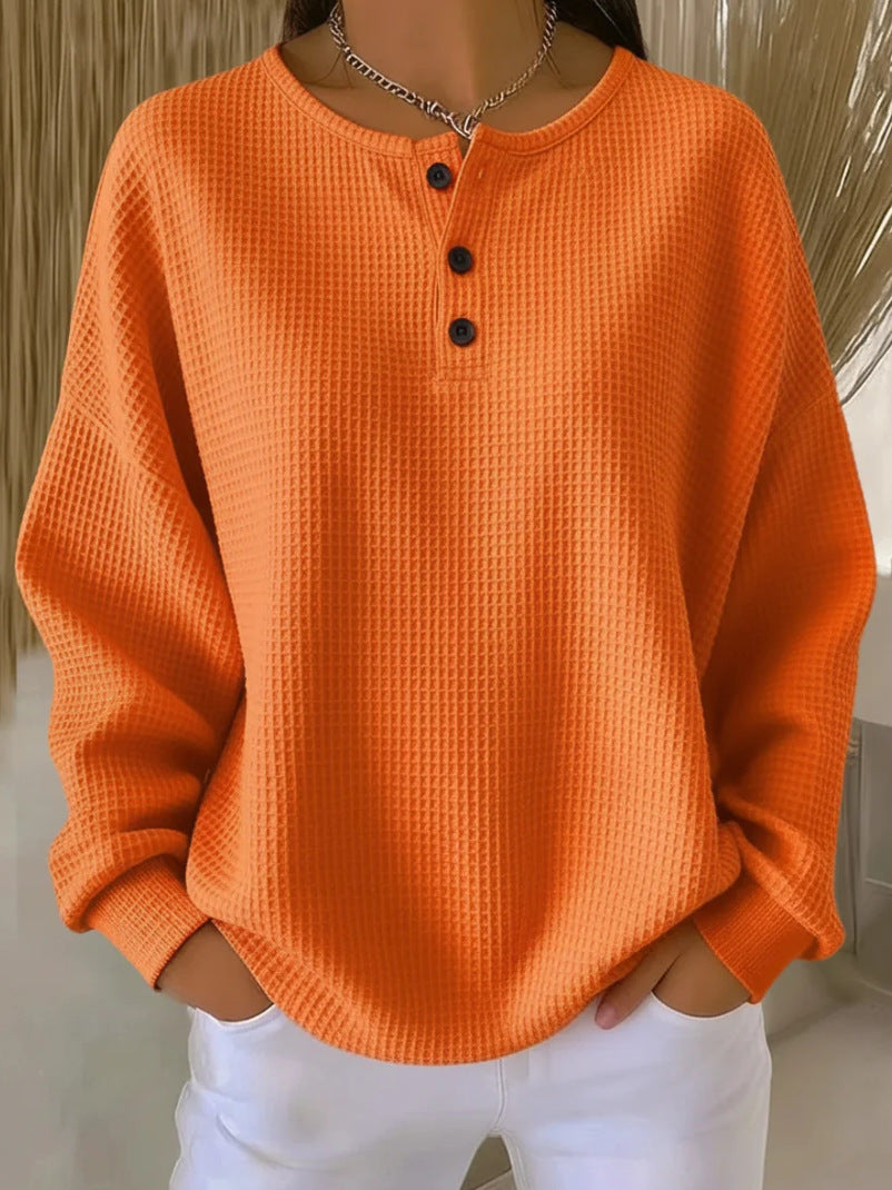 Damen Oversize Waffelstrick-Henleyshirt mit Knopfleiste und Rundhalsausschnitt Nord Taschen