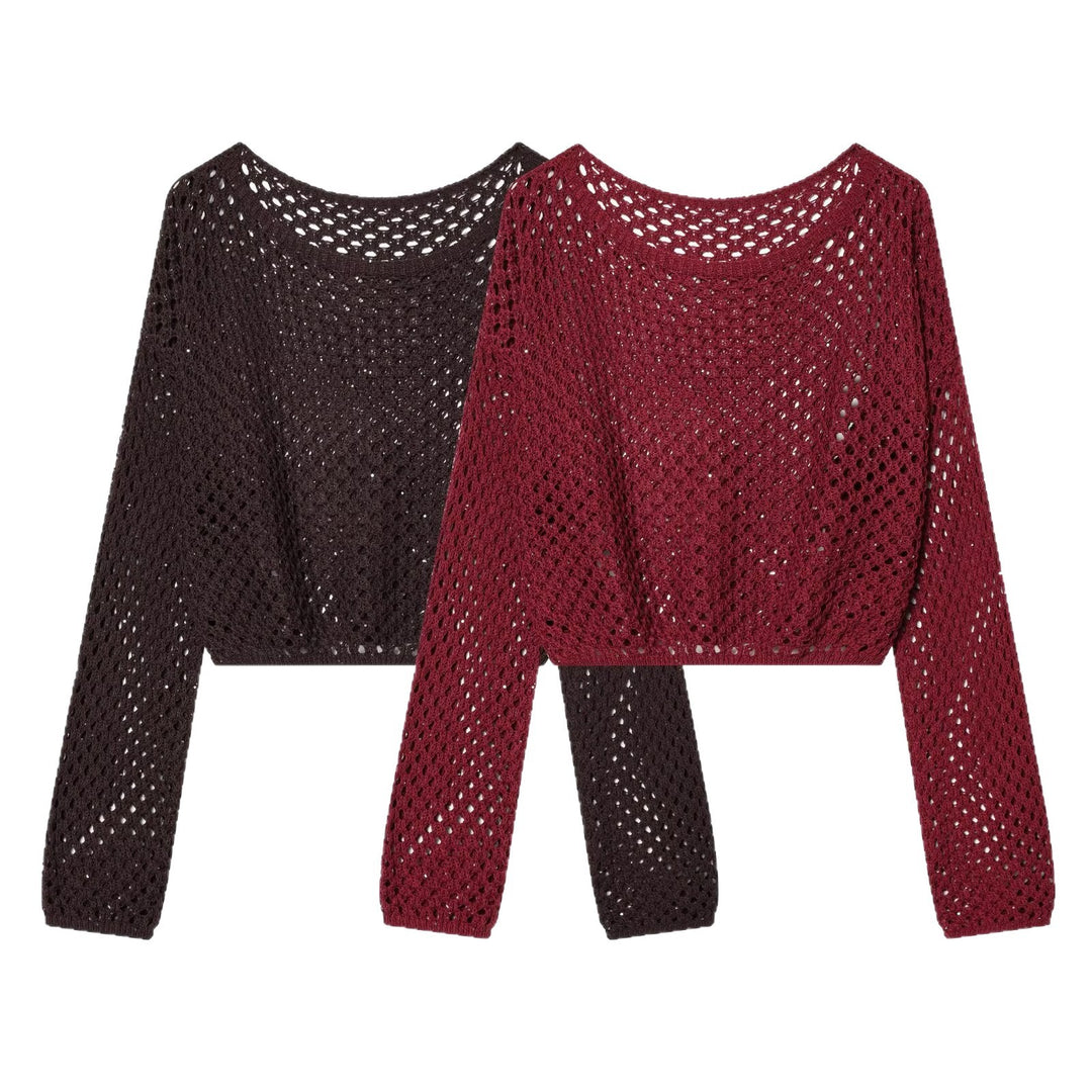 Damen Lockerer gehäkelter Cropped‑Pullover mit Ajourmuster Nord Taschen
