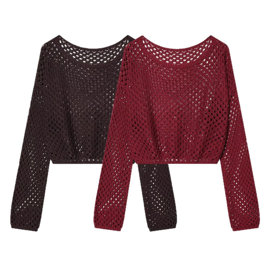 Damen Lockerer gehäkelter Cropped‑Pullover mit Ajourmuster Nord Taschen
