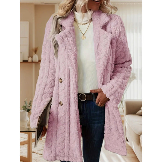 Damen Midilanger Teddy-Mantel mit Zopfmuster, Reverskragen und doppelt geknöpfter Front Nord Taschen