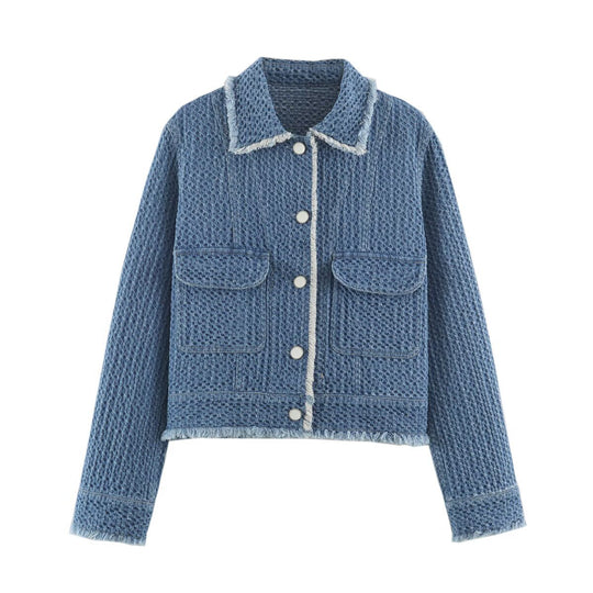 Damen Kurz geschnittene strukturierte Jeansjacke mit Fransenbesatz und Pattentaschen Nord Taschen