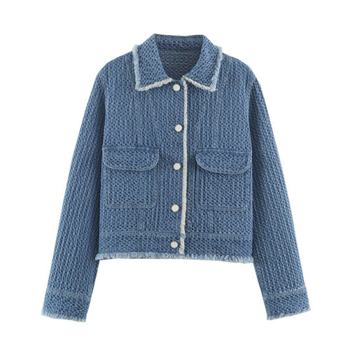 Damen Kurz geschnittene strukturierte Jeansjacke mit Fransenbesatz und Pattentaschen Nord Taschen