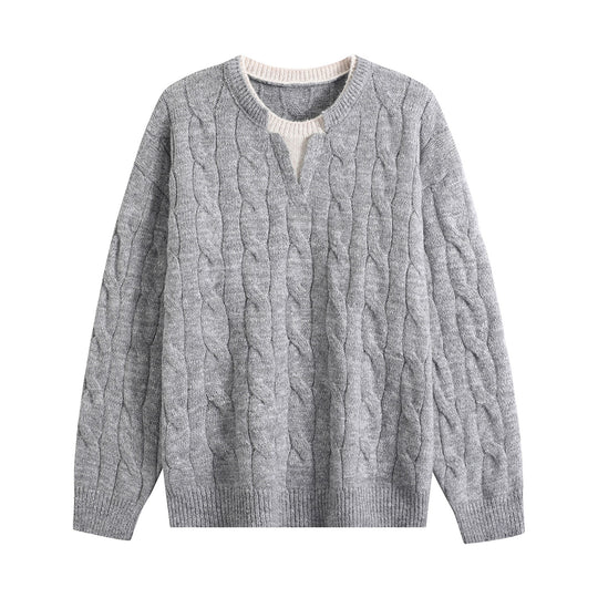 Damen Oversize Zopfmuster-Pullover mit V‑Schlitzkragen Nord Taschen