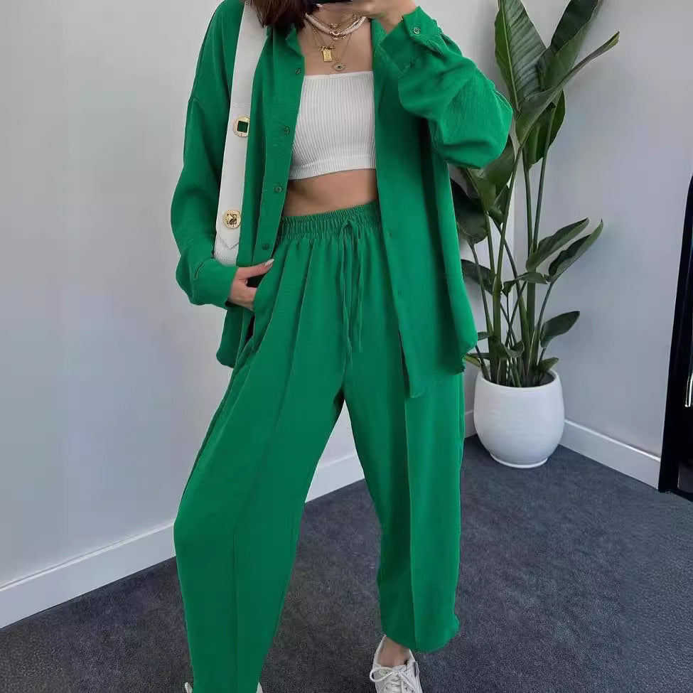 Damen Lässiges zweiteiliges Lounge-Set aus Crêpe mit Oversize-Hemd und hohem Elastikbund Nord Taschen