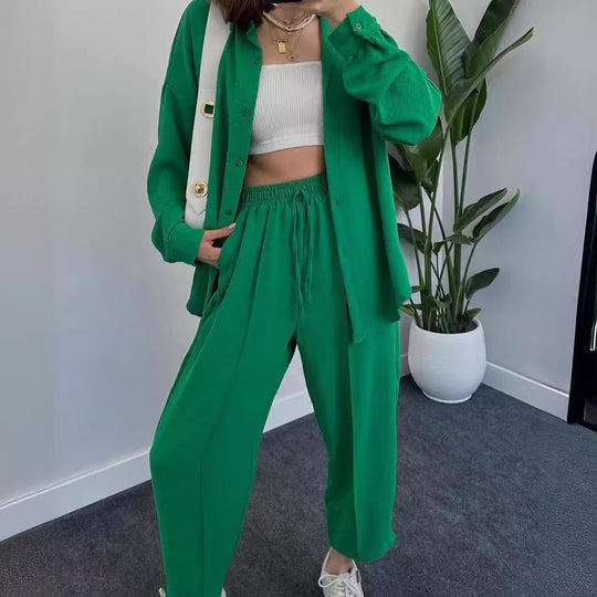 Damen Lässiges zweiteiliges Lounge-Set aus Crêpe mit Oversize-Hemd und hohem Elastikbund Nord Taschen