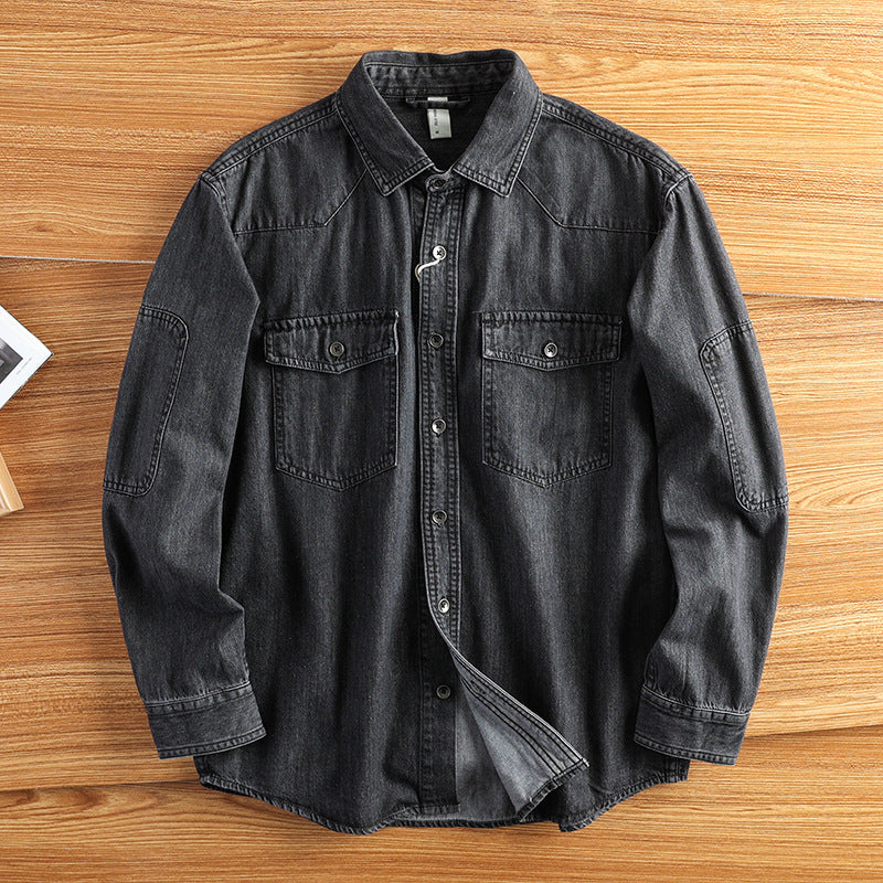 Herren Relaxed Denim‑Hemdjacke mit aufgesetzten Pattentaschen, verstärkten Ellenbogen und sichtbarer Knopfleiste Nord Taschen