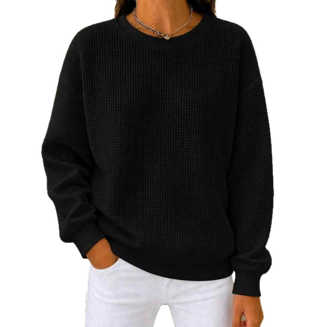 Damen Lockeres Waffelstrick-Sweatshirt mit Rundhalsausschnitt und Rippbündchen Nord Taschen
