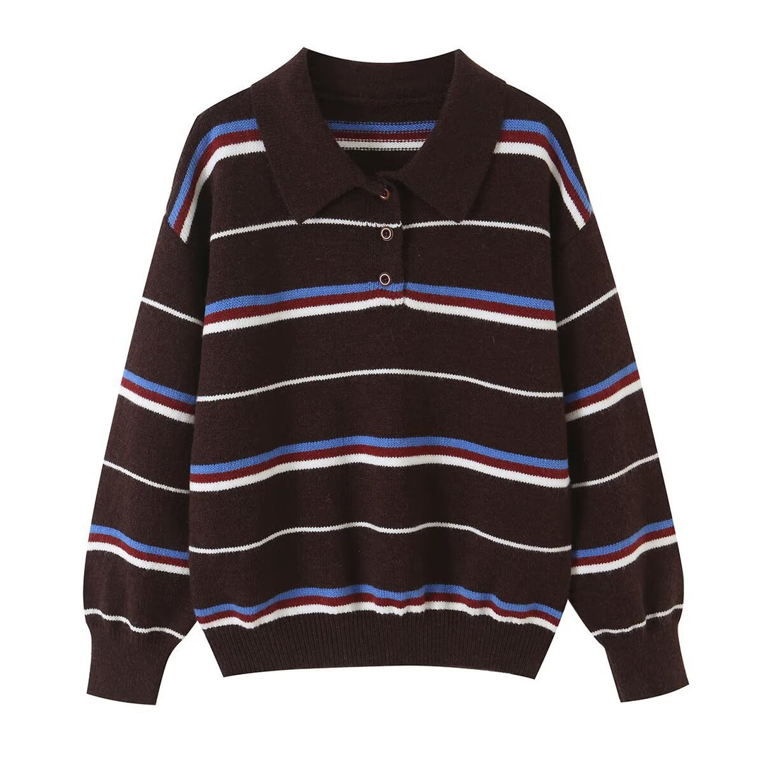 Damen Gestreifter Strickpolopullover mit kurzer Knopfleiste und Rippbündchen Nord Taschen