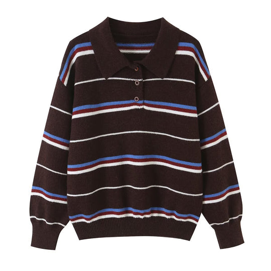 Damen Gestreifter Strickpolopullover mit kurzer Knopfleiste und Rippbündchen Nord Taschen