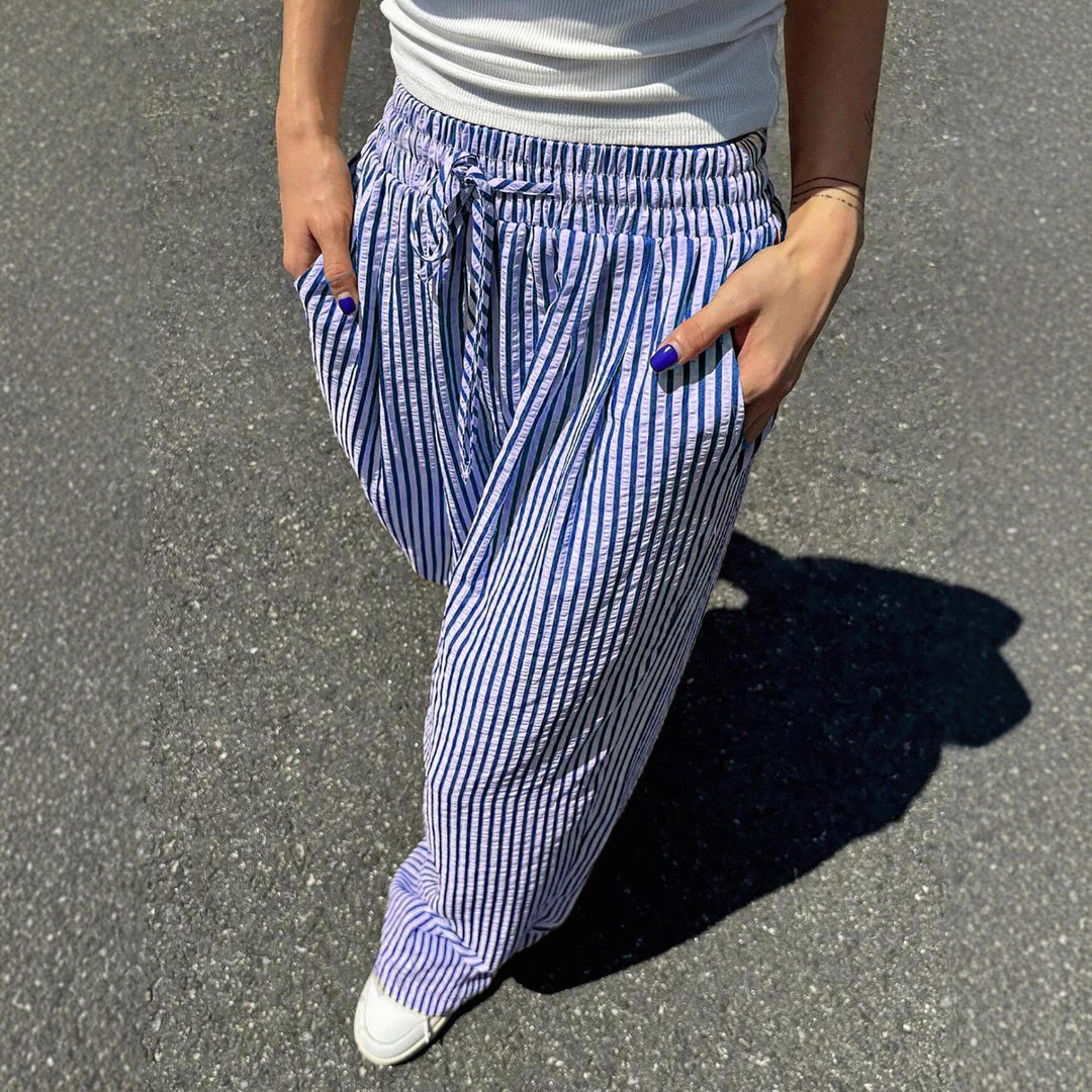 Damen Marlene-Streifenhose aus Leinenmix mit weitem Bein, Elastikbund und Kordelzug Nord Taschen