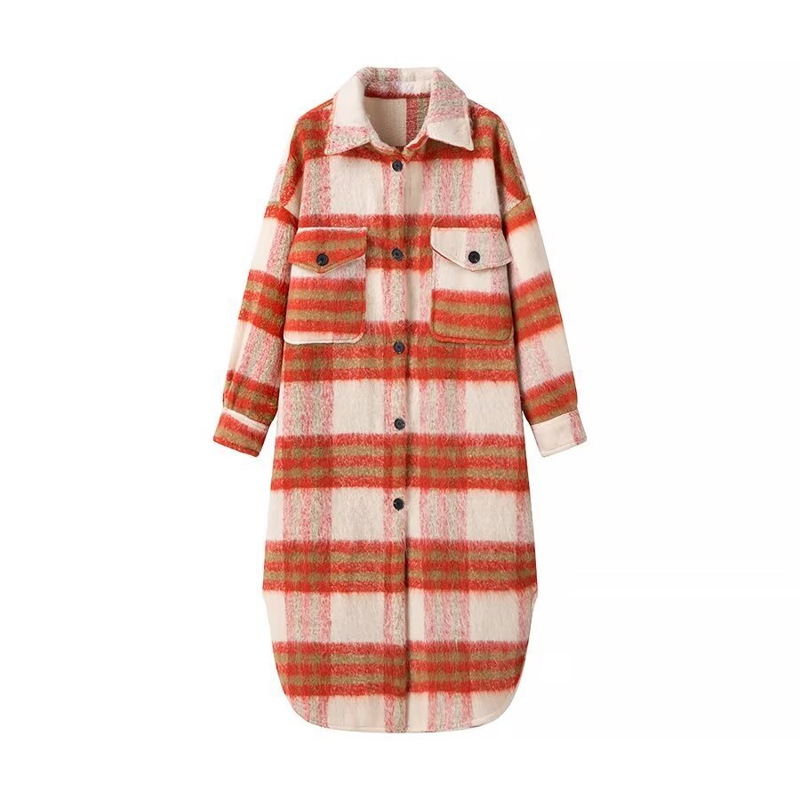 Damen Langer karierter Teddy‑Mantel in Shirtjacken‑Optik mit Hemdkragen und aufgesetzten Taschen Nord Taschen