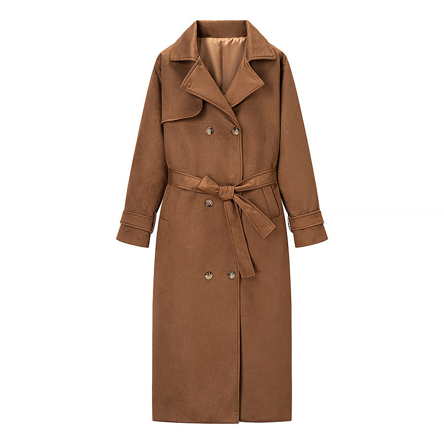 Damen Langer Doppelreihiger Mantel im Trenchcoat‑Stil mit Taillengürtel und Ärmelriegel Nord Taschen