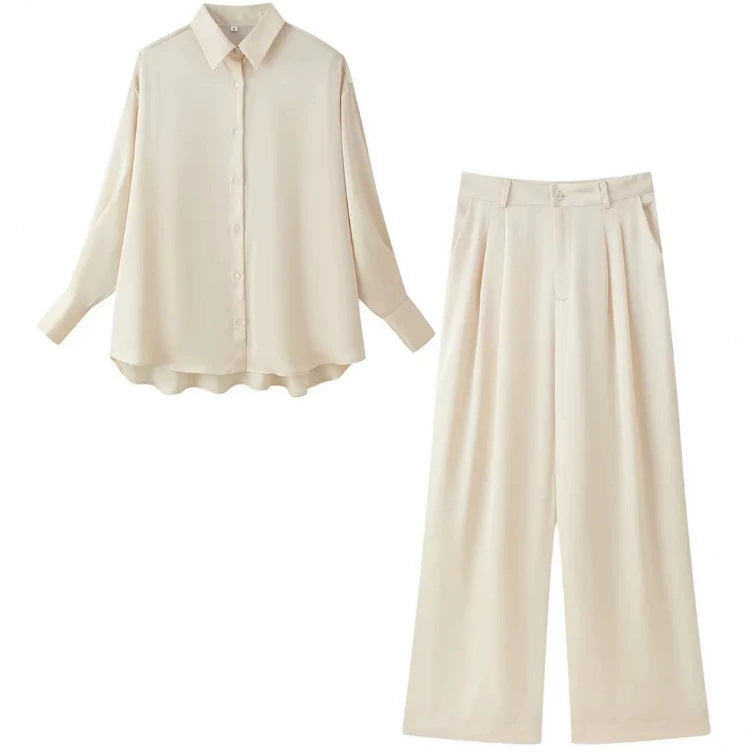 Damen Zweiteiliges seidig‑fließendes Lounge‑Set mit Oversize‑Hemd und hochtaillierter Hose mit weitem Bein Nord Taschen